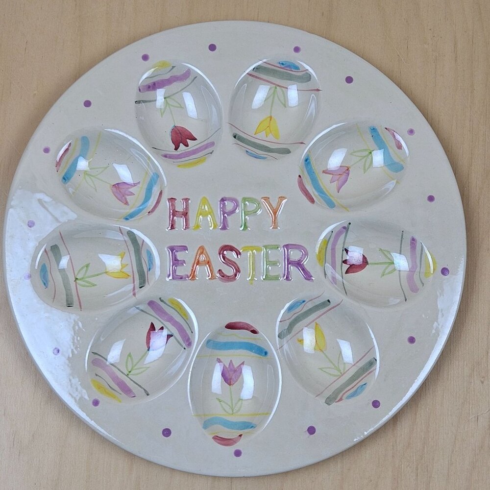 Ceramic Egg Plate With "Happy Easter" Text & Floral Design - 8 Egg Slots Deviled